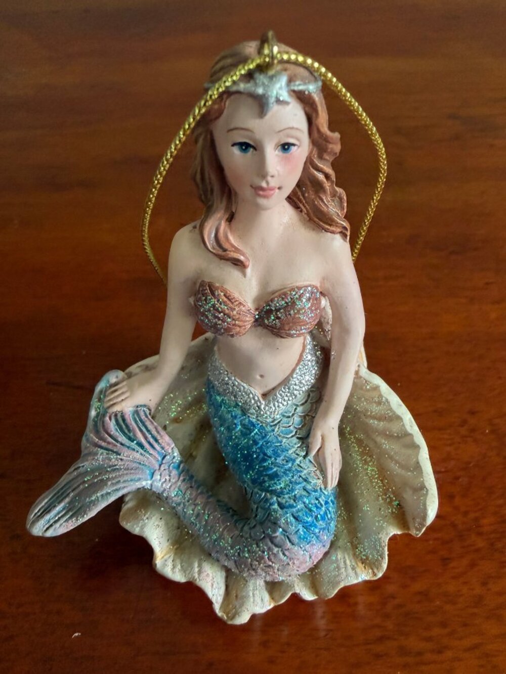 Ganz Glitter Mermaid on Seashell Coastal Christmas Ornament Blue Pink